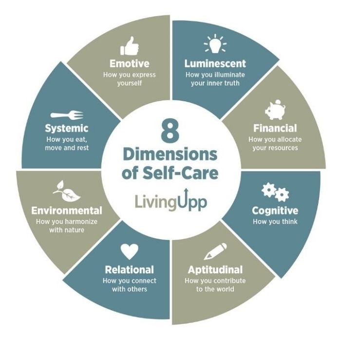 LivingUpp's 8 Dimensions of self-care framework wheel